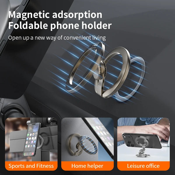 Magnetic adsorption foldable phone holder shown in various contexts for sports, home helper, and leisure office use