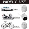 A set of crystal diamond finish tire valve caps shown next to a car, motorcycle, and bicycle.