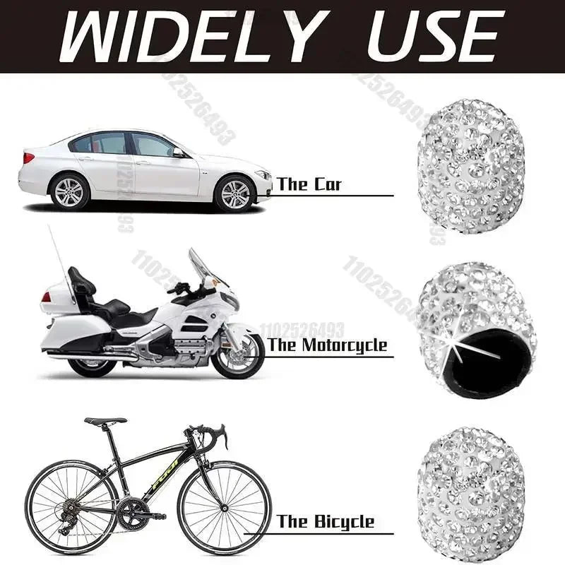 A set of crystal diamond finish tire valve caps shown next to a car, motorcycle, and bicycle.