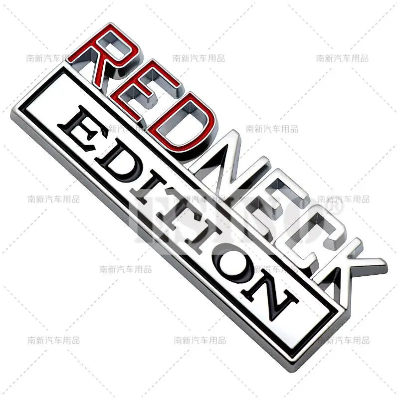 A 3D chrome car emblem decal with the word REDNECK in bold lettering.