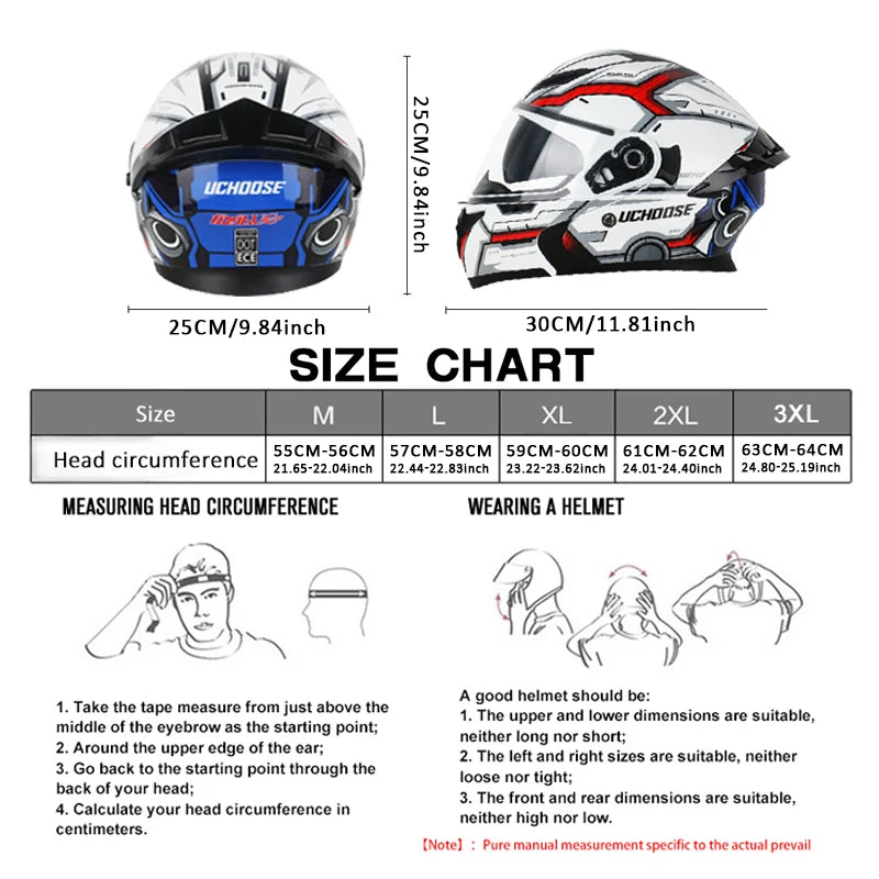 Casque de moto modulaire noir et argent avec tableau des tailles et instructions de mesure du tour de tête.