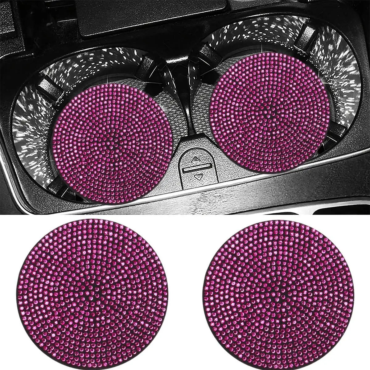 Two round imitation diamond car cup coasters with a magenta glitter finish
