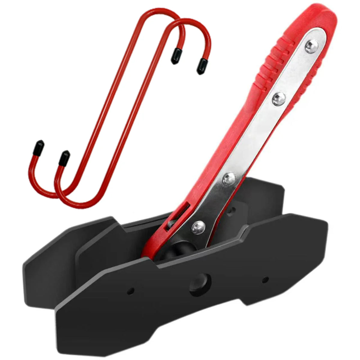 A heavy-duty brake caliper piston spreader tool with a red handle and silver metal body is shown.