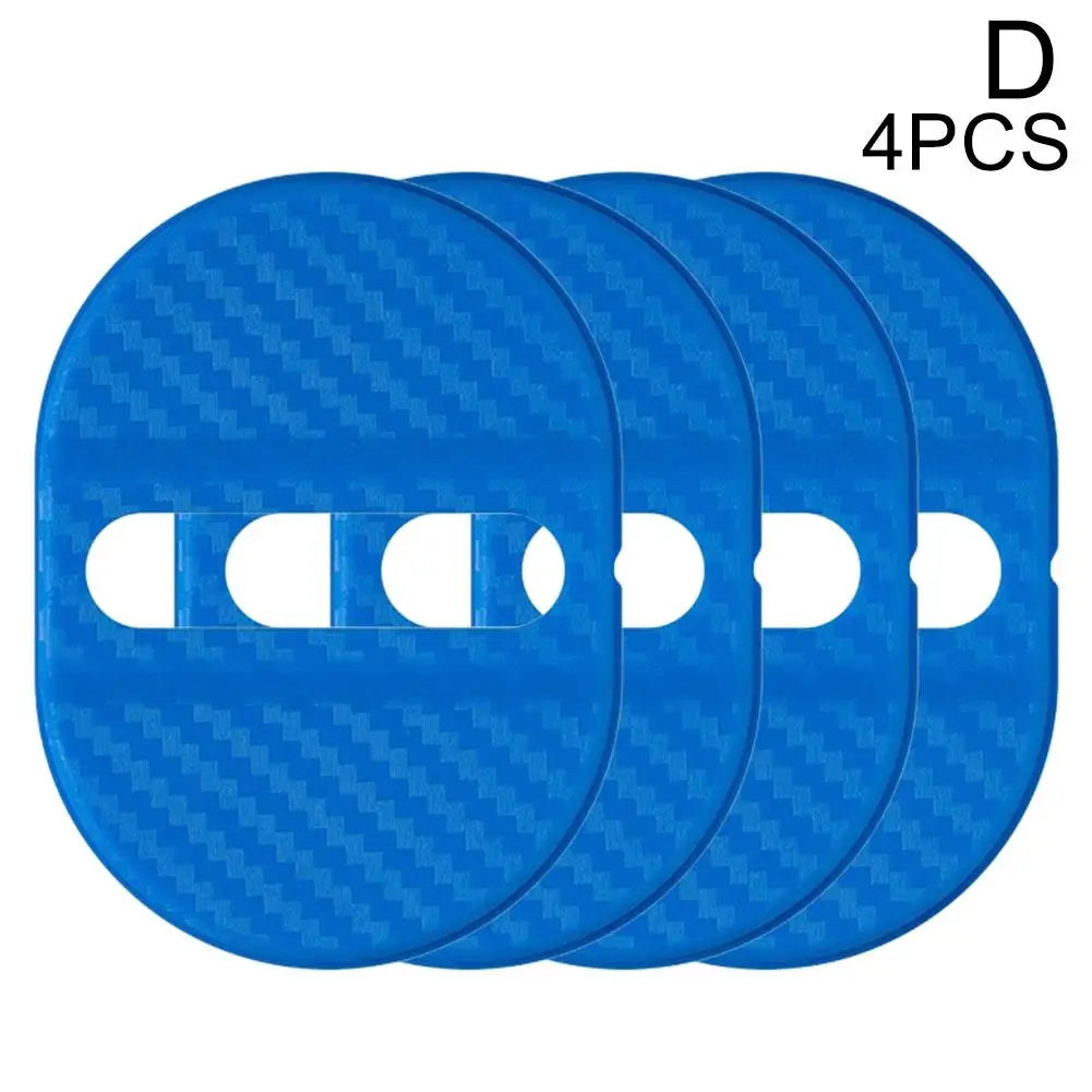 A pack of four blue silicone door lock protective covers for universal car doors.