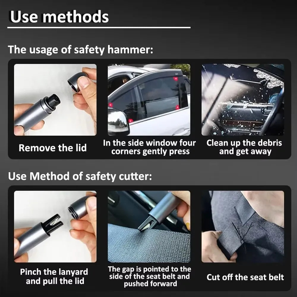 Instructions showing how to use a safety hammer and a safety cutter for breaking car windows.