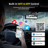 A hand holds a smartphone displaying a live preview from a built-in WiFi camera system installed in a car dashboard.