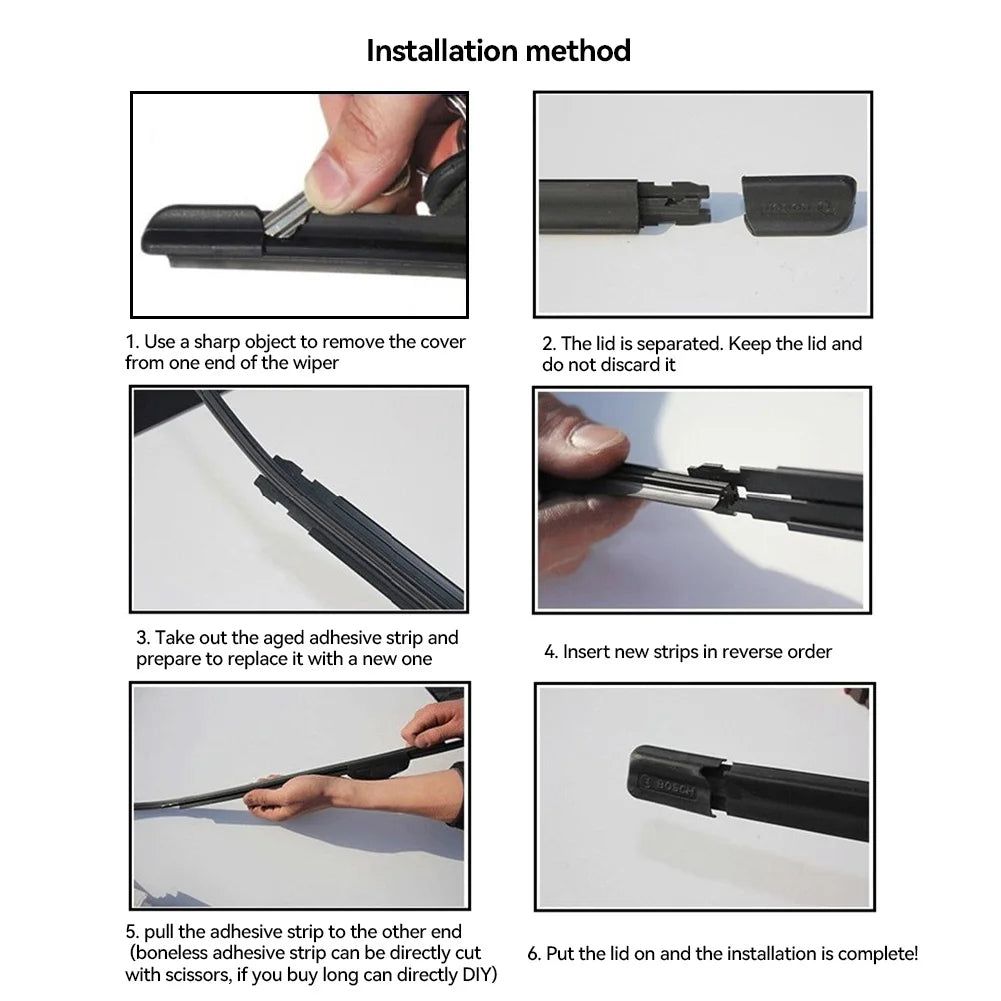 Instructions showing how to install a universal car windshield wiper blade insert using an adhesive strip.