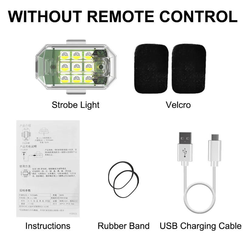 Strobe light product components including a strobe light, Velcro strap, rubber band, and USB charging cable.
