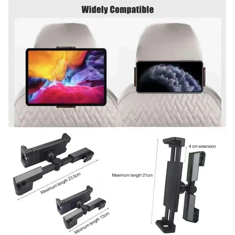 A set of black telescopic car phone mounts for tablets shown with various length options and a white quilted texture.