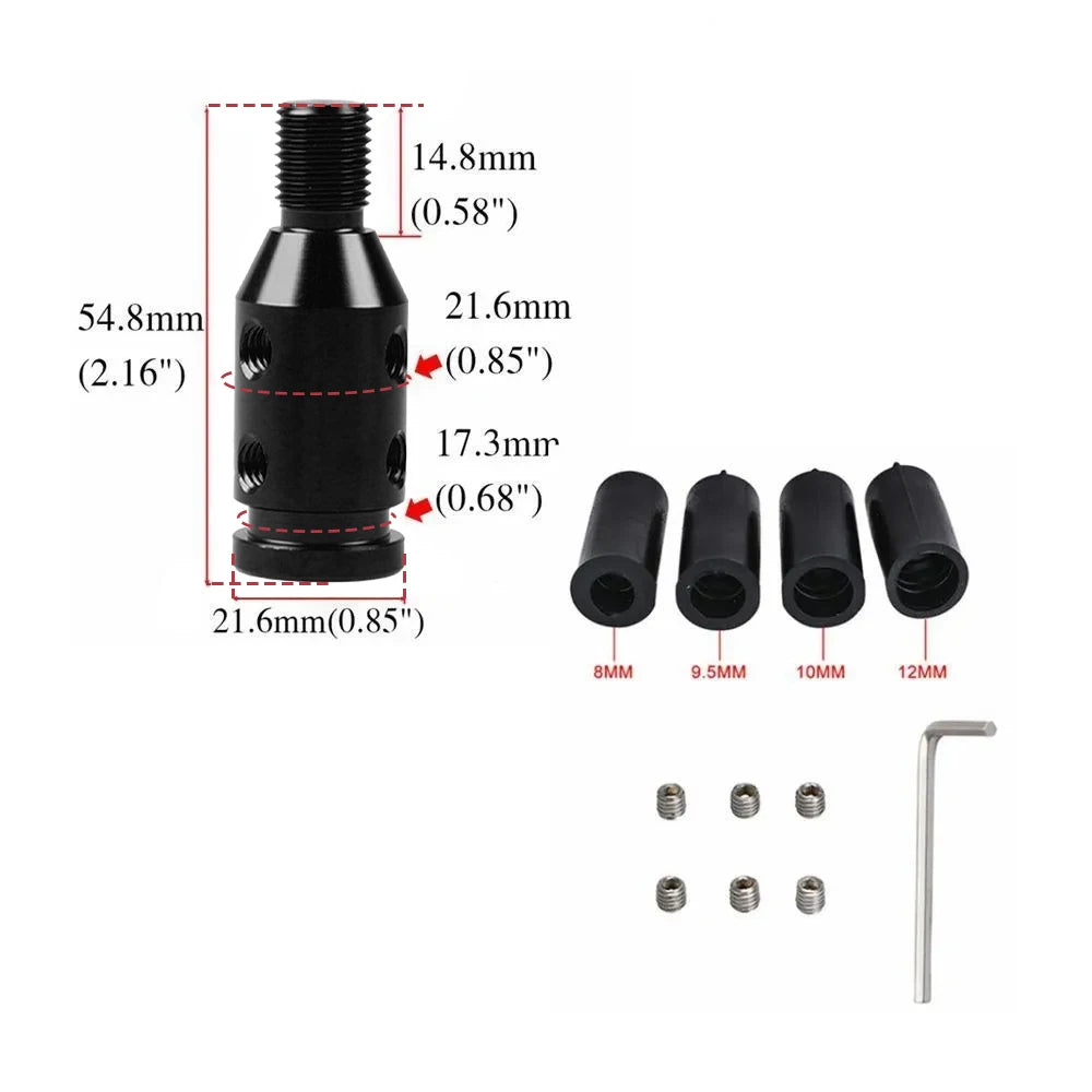 Black universal gear shift knob adapter with various sized mounting posts and a long shaft.