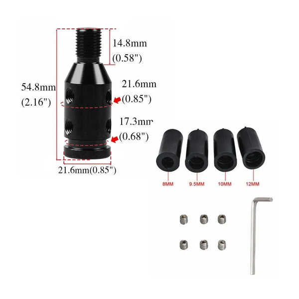 Black universal gear shift knob adapter with various sized mounting posts and a long shaft.