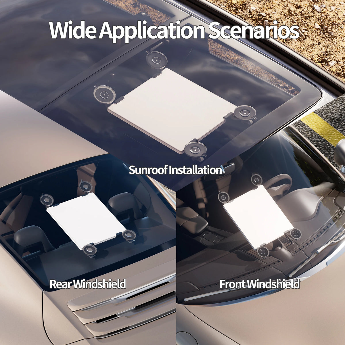 Diagrams showing wide application scenarios for installing a suction mount on a car's sunroof, rear windshield, and front win