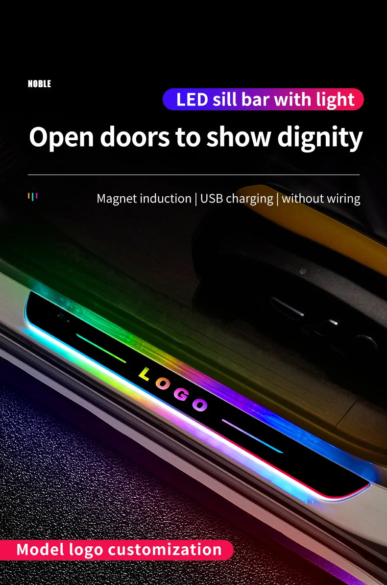 LED sill bar with light featuring a customizable logo displayed on a door sill.