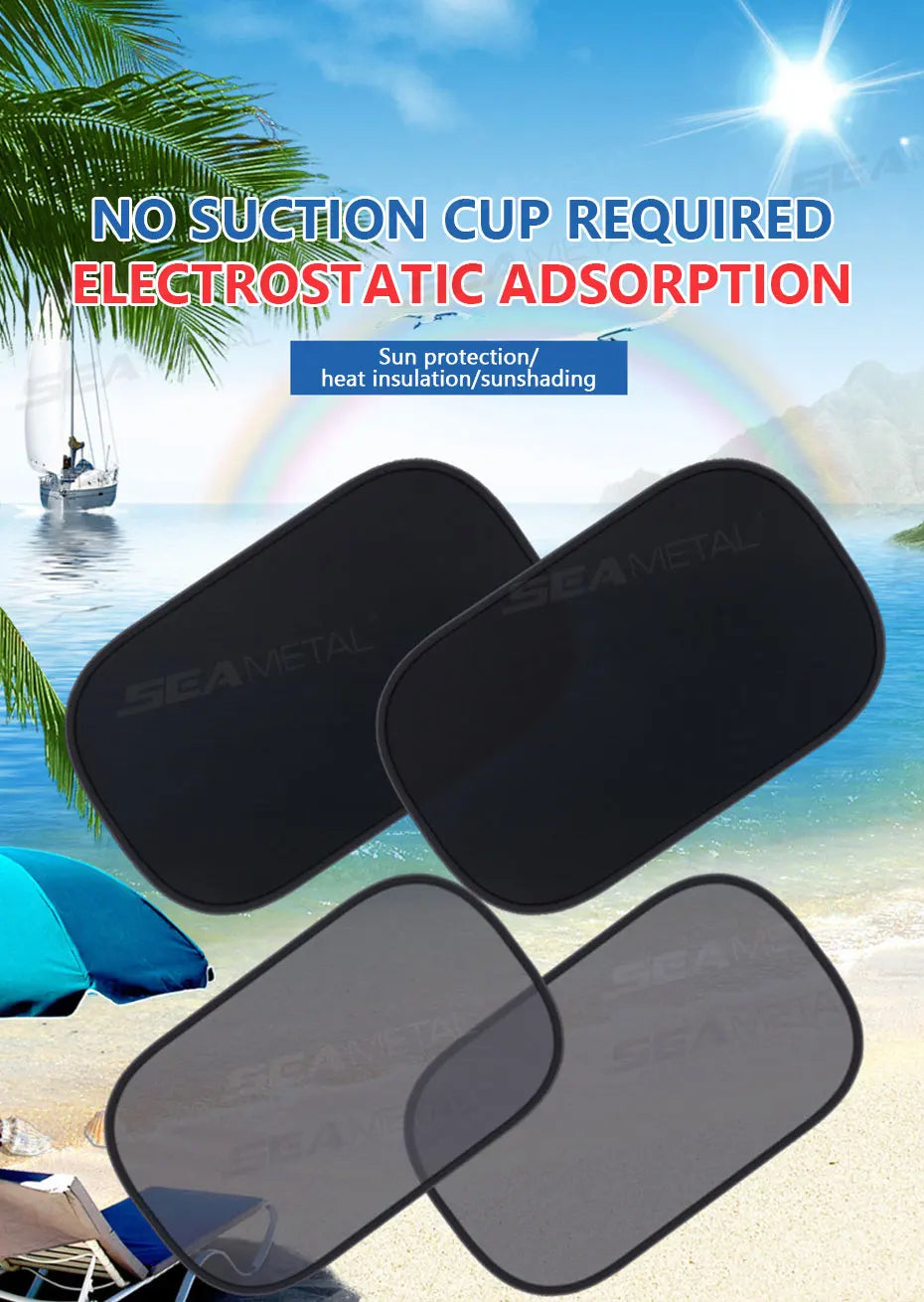 Pare-soleils électrostatiques noirs pour vitres de voiture, montrés en extérieur sur une plage.