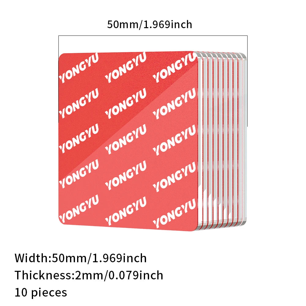 A set of ten red and silver double-sided adhesive pads, 50mm wide and 2mm thick.