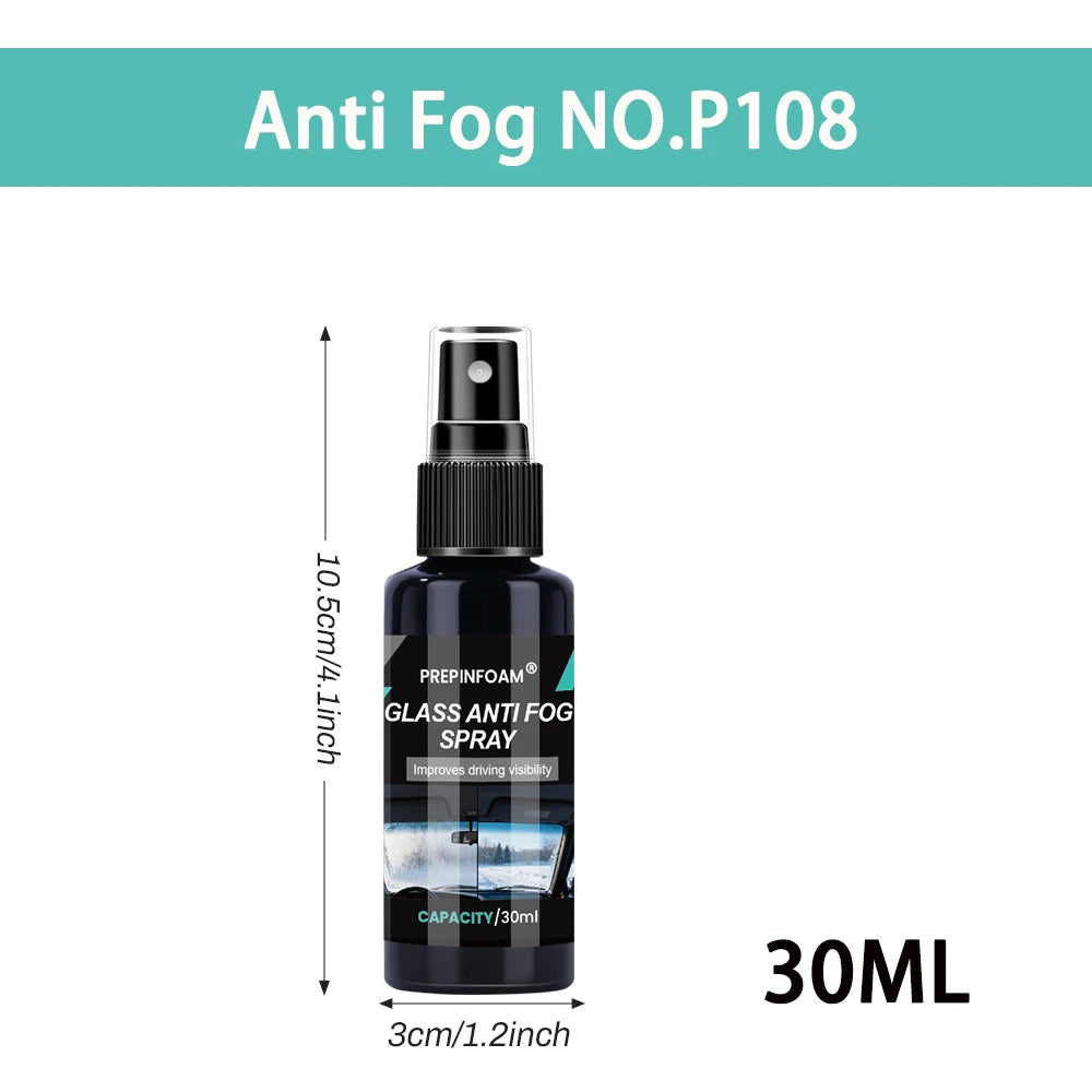 Bottle of Anti Fog No. P108 glass anti fog spray with a black nozzle and label