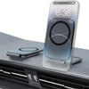 A clear acrylic phone holder is shown resting on a car vent, with a smartphone displaying a charging screen.