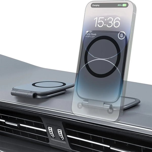 A clear acrylic phone holder is shown resting on a car vent, with a smartphone displaying a charging screen.