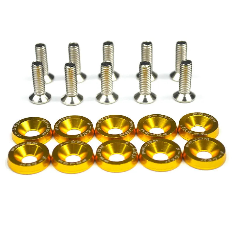 A set of silver aluminum fender fasteners, including various threaded studs and colored washers.