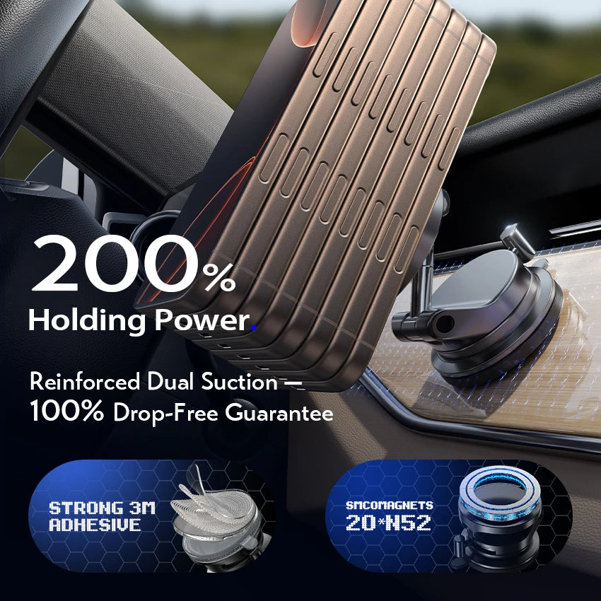 Close-up of a MagSafe car wireless charger with a reinforced dual suction mount demonstrating 200% holding power.