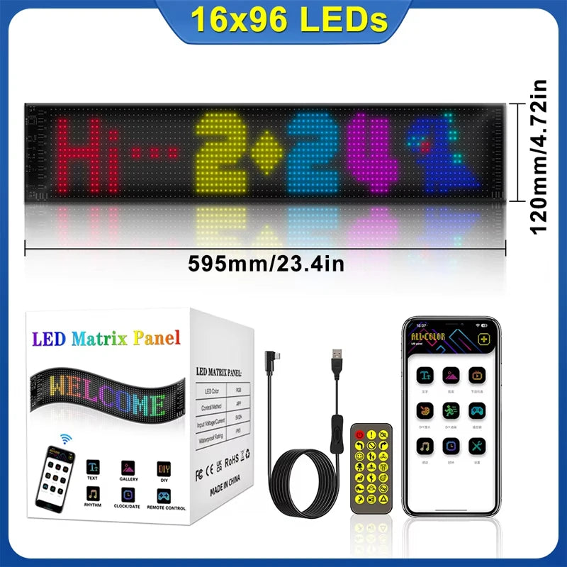 A horizontal LED matrix panel with 16x96 LEDs and an accompanying smartphone for display.