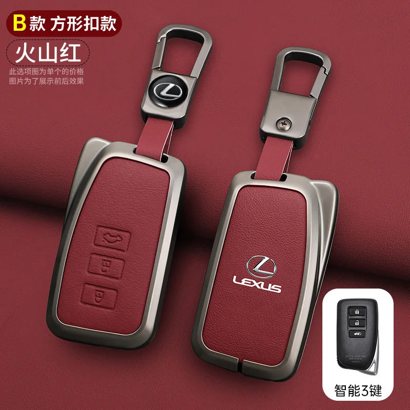 A pair of red leather car key covers for Lexus vehicles shown with a smart remote control.