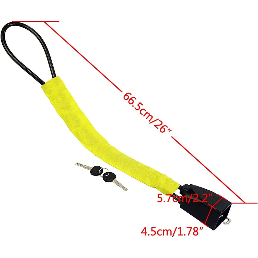 Yellow anti-theft steering wheel and seat belt lock with a black cord and connector.