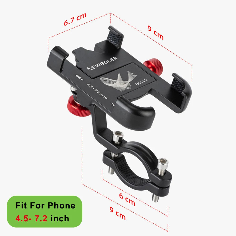 Black adjustable aluminum phone mount designed for bicycles with a fit for 4.5-7.2 inch phone.