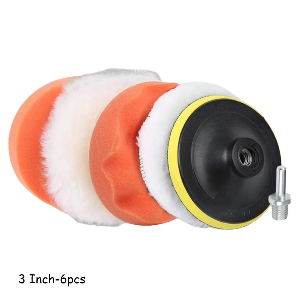 A set of six 3 inch car polishing pads with orange and white foam on a black disc.