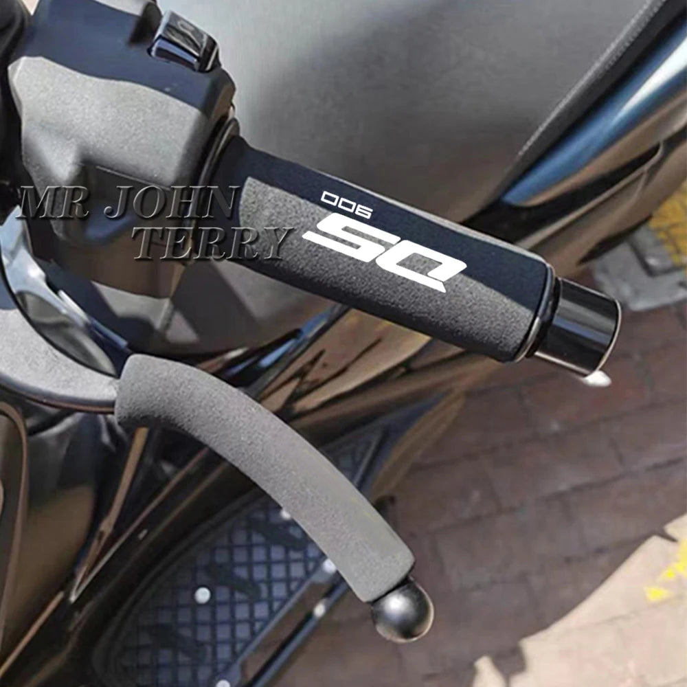 Close-up of a black motorcycle handlebar grip cover for a Voge Valico motorcycle.
