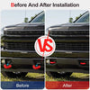 Before and after installation comparison of silicone tow hitch covers on a truck grille.