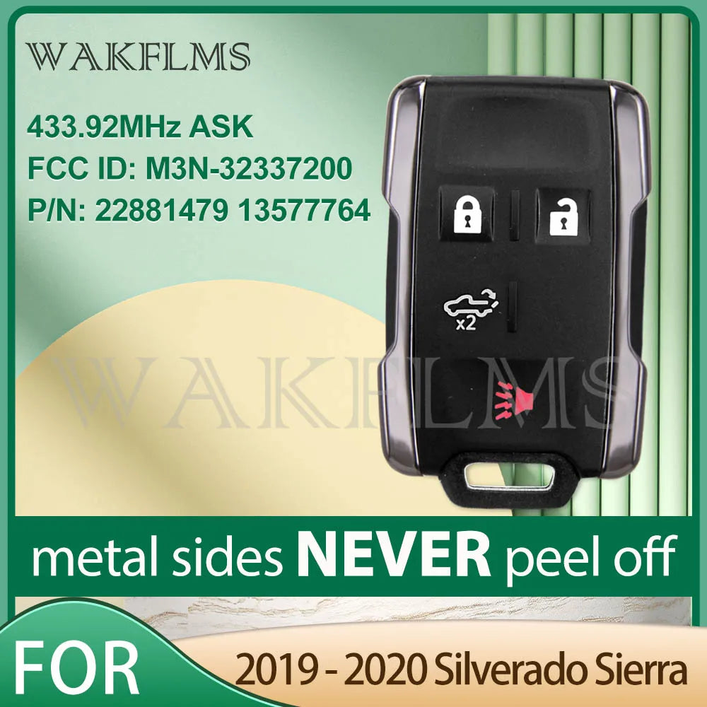 Black universal remote key for Chevy/GMC trucks with metal sides and FCC ID information