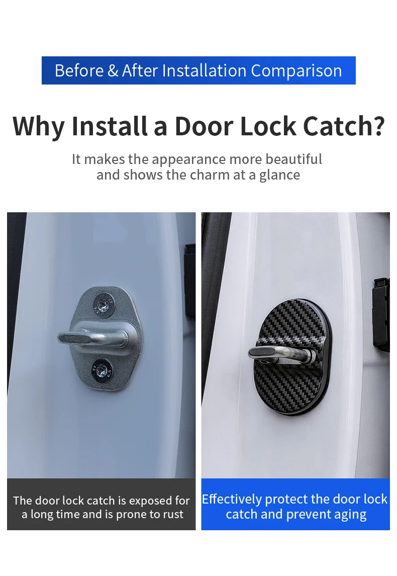 Before and after comparison showing a door lock catch installation, highlighting protection against rust and aging.
