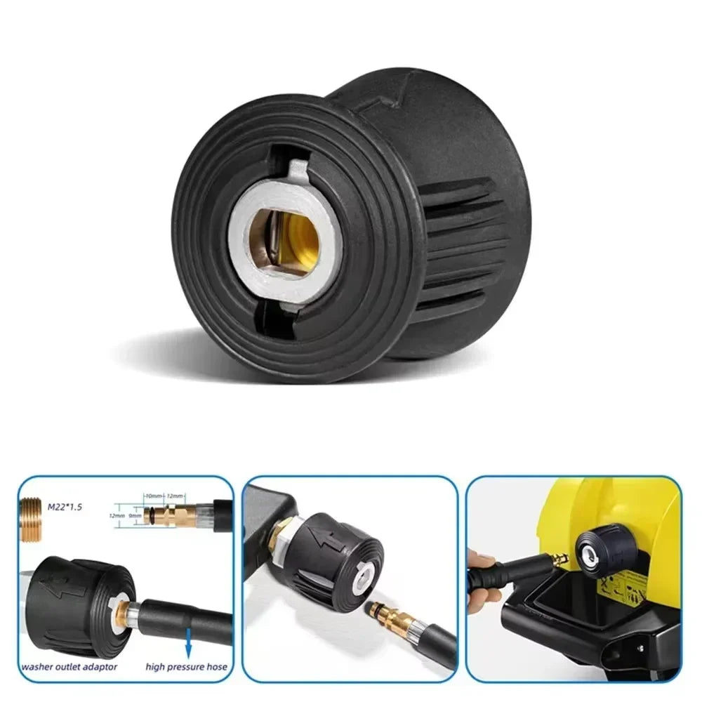 Black high-pressure washer gun with foam cannon and nozzle set shown in various configurations.