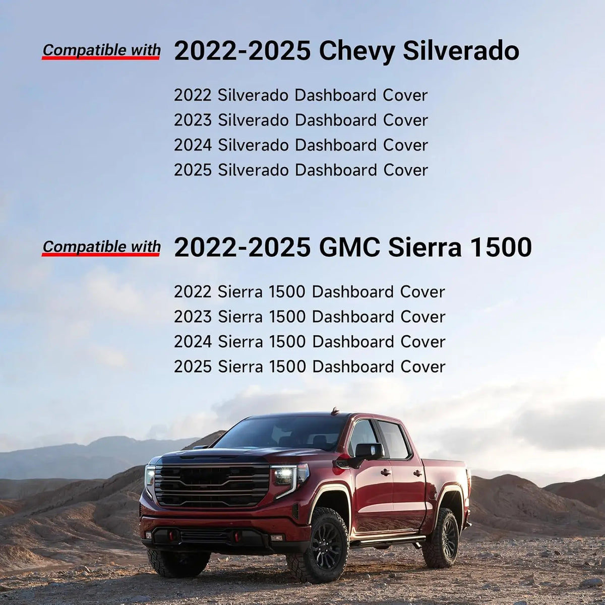 A red pickup truck is parked on a dirt road with various dashboard covers listed for Chevy Silverado and GMC Sierra models.