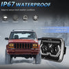 A rugged Jeep front view showing an aftermarket 7-inch square LED headlight with integrated turn signal.