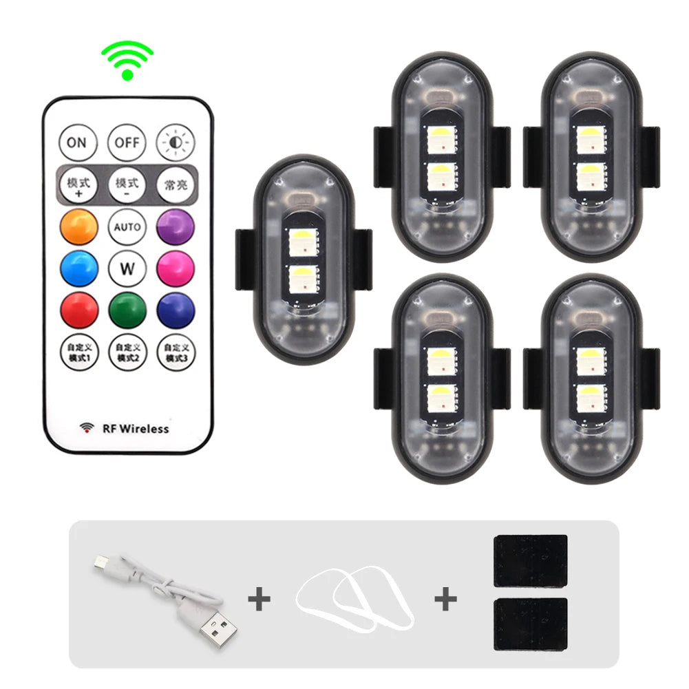 Set von mehrfarbigen RGB-Warn-Stroboskoplichtern mit Ein-/Ausschalter und Batteriepack.