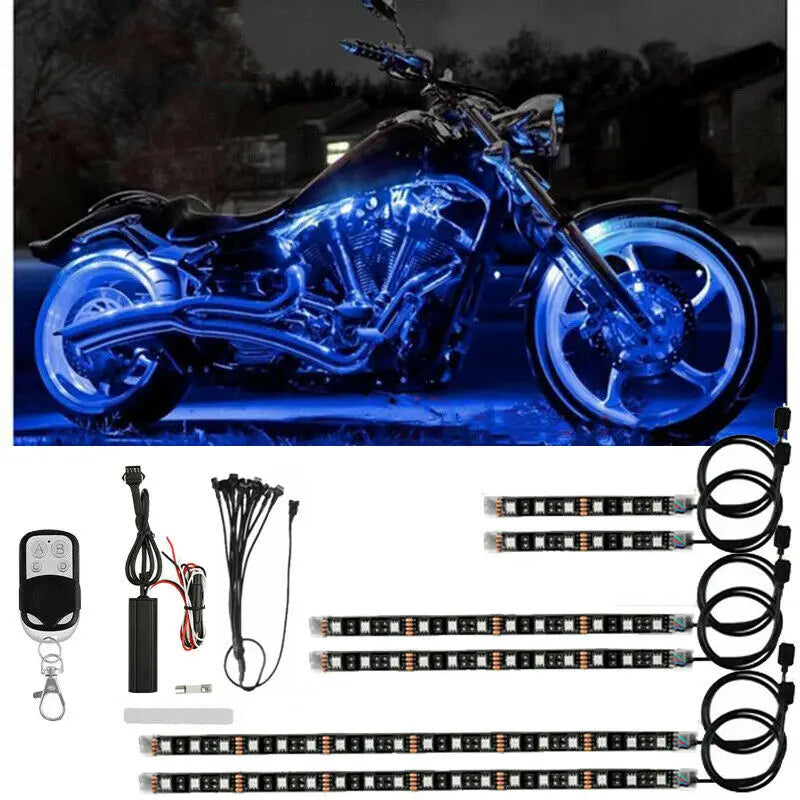 Motorcycle RGB LED underglow kit with remote control featuring multiple light bars and a motorcycle.