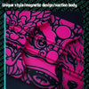 Close-up of a personalized UV spray painting design on a black surface featuring pink and black swirling patterns.