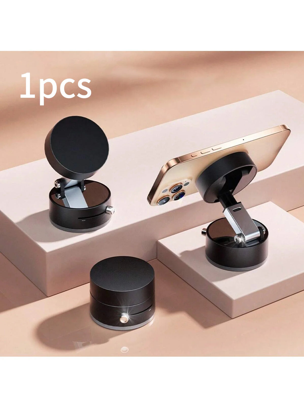 Support de téléphone magnétique pliable noir dans différentes configurations sur une surface claire.