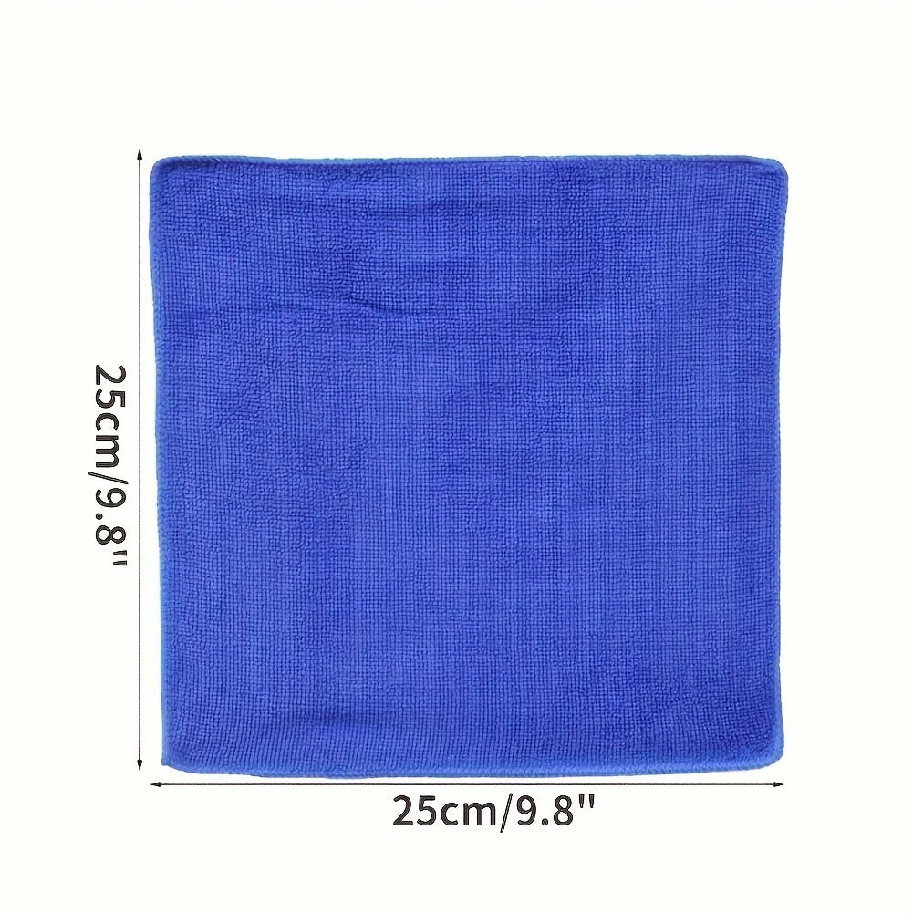 A square blue microfiber car cleaning cloth with dimensions of 25cm by 9.8 inches.