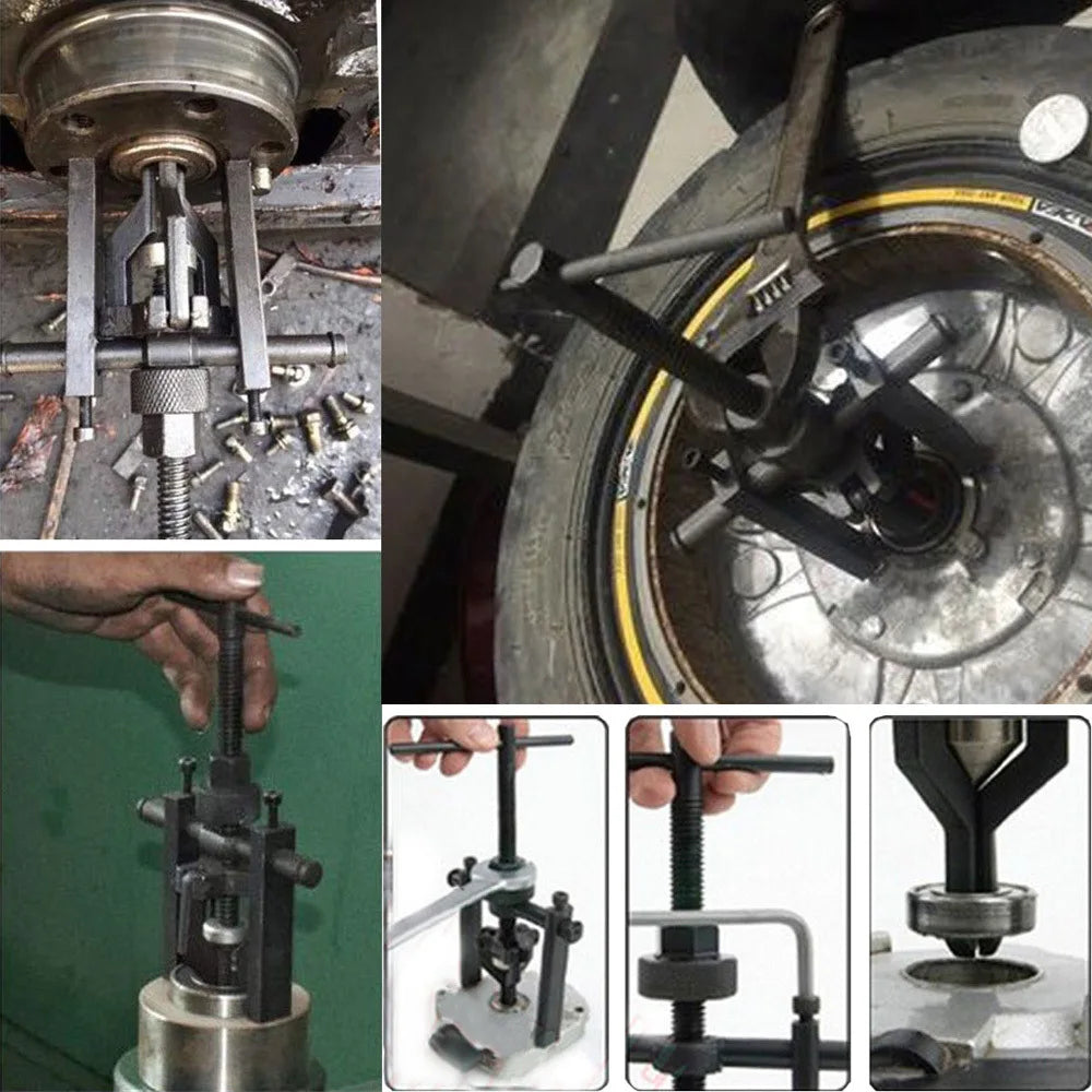 Various views of a three-claw bearing puller tool used for internal and external removal.