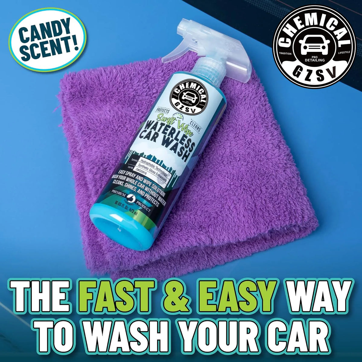 Un produit de nettoyage pour voiture sans eau, présenté sur une serviette violette.