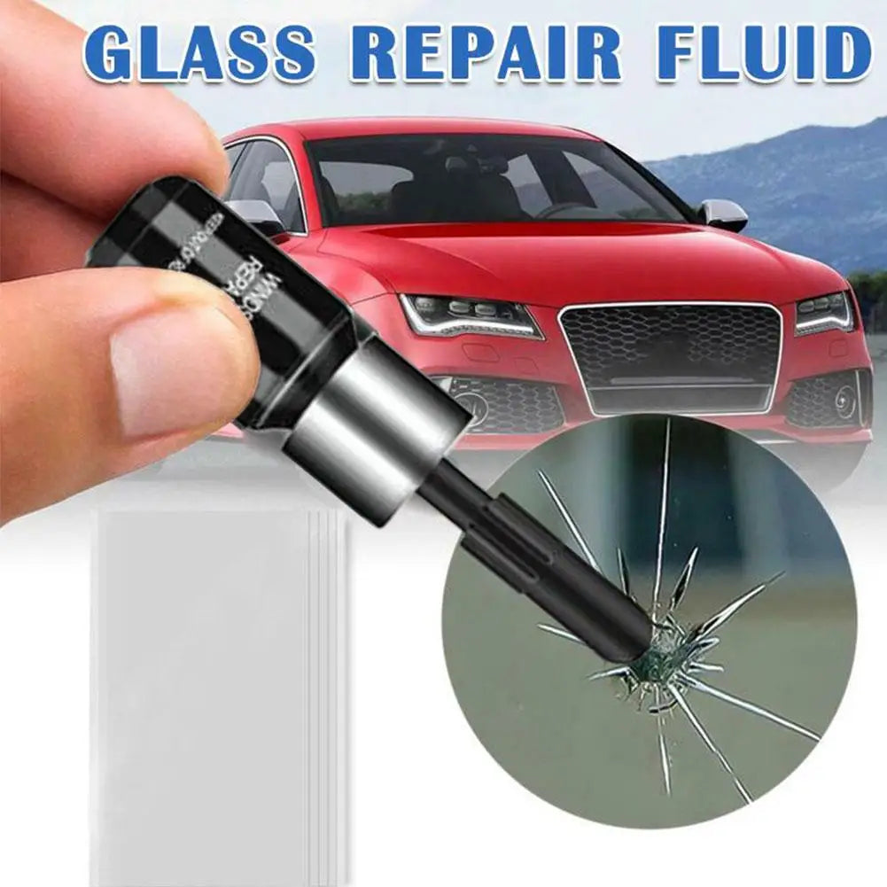 A hand holds a glass repair fluid applicator next to a red car, with a magnified view of glass repair on a surface.