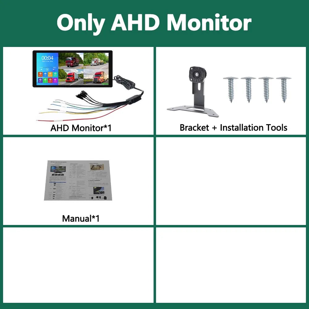 AHD Monitor kit including the monitor, bracket, installation tools, and manual for a 4-Channel 1080P AHD truck and vehicle ca