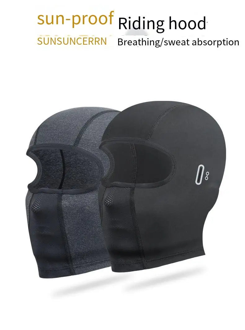 A pair of black sun-proof riding hoods or balaclavas shown side by side.