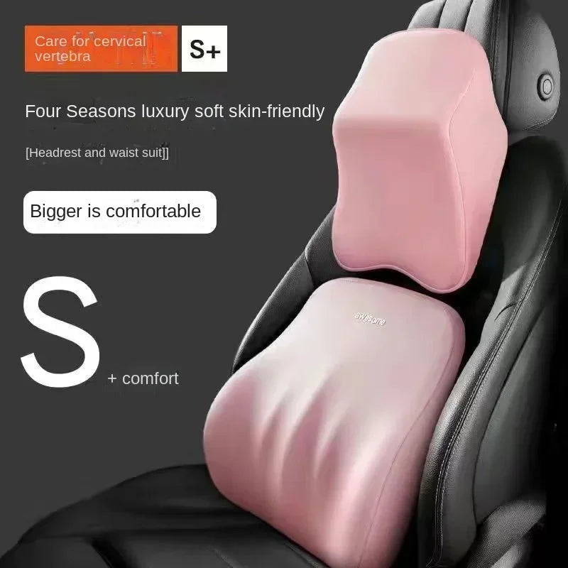 Pink ergonomic car headrest cushion with a black seat, showing different sizes S and S+