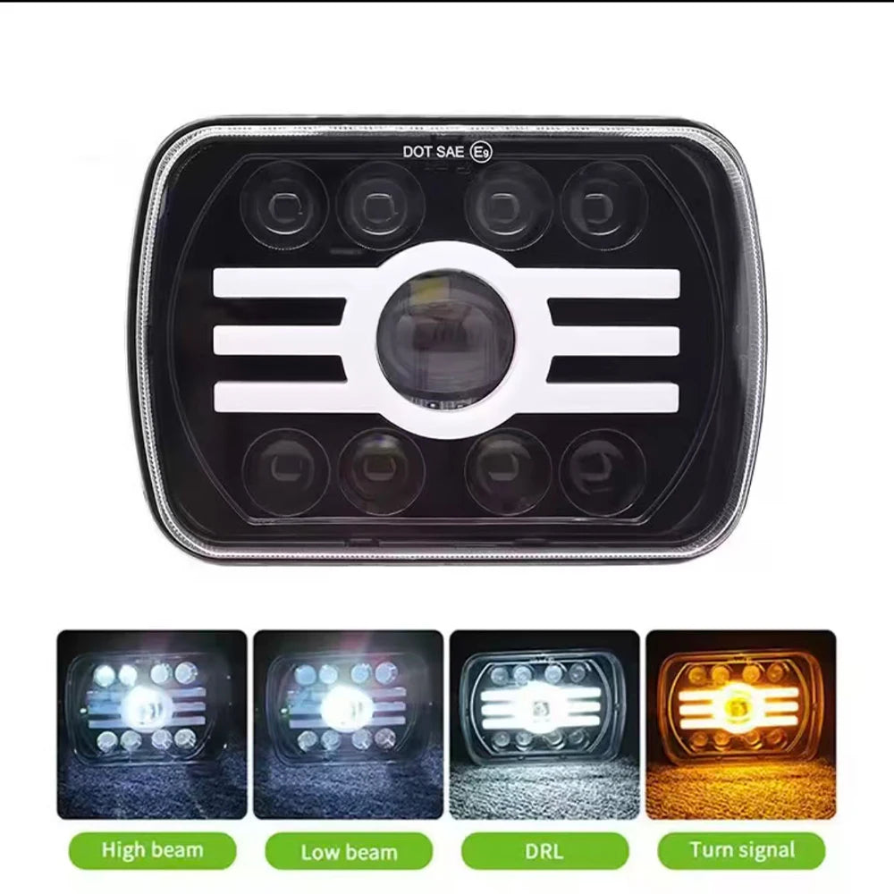 A black square LED headlight assembly with integrated turn signal and high beam, low beam, and DRL options.