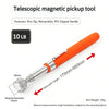 Orange telescopic magnetic pickup tool with a silver tip and LED light, showing its 170mm-660mm range.