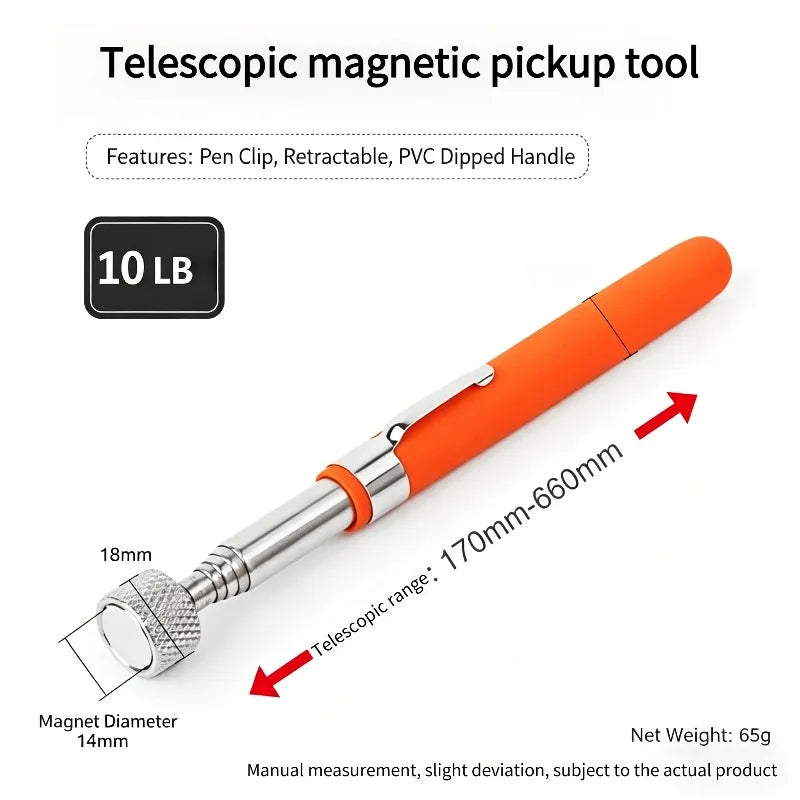 Orange telescopic magnetic pickup tool with a silver tip and LED light, showing its 170mm-660mm range.